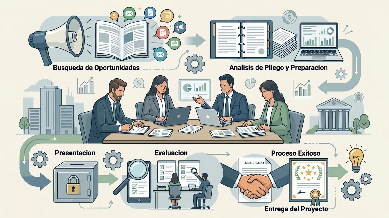 Proceso de gestión de licitaciones: búsqueda de oportunidades, análisis de pliegos, presentación, evaluación y adjudicación